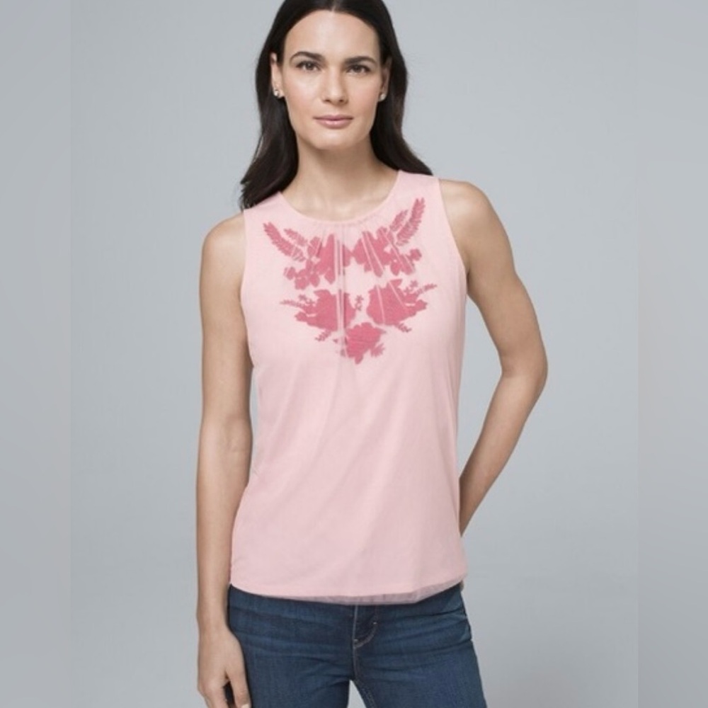 WHBM Sleeveless Floral Appliqué Mesh‎ Top Pink Women's XL